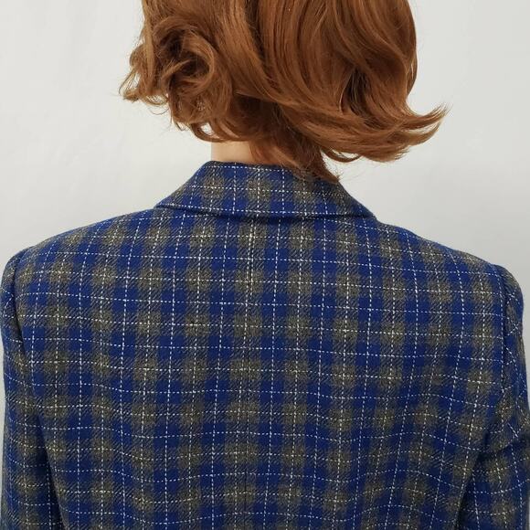 Vintage Joan Leslie Wool Blazer Jacket Blue Gray Plaid Lined Petite 12P / M - Picture 9 of 11